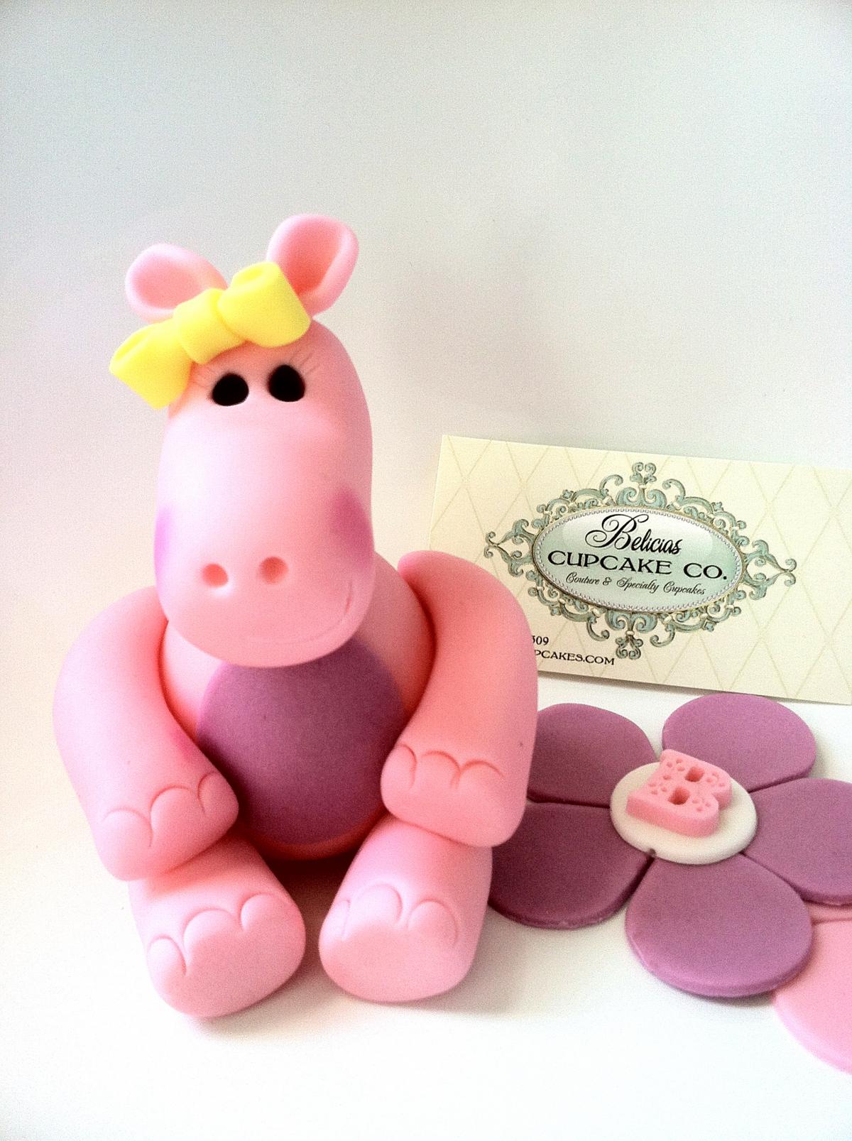 Fondant Hippo Cake Topper Along With Birthday Name On Flower Petals , This Is Perfect For That Animal Lover Or Any Pink Girly Party